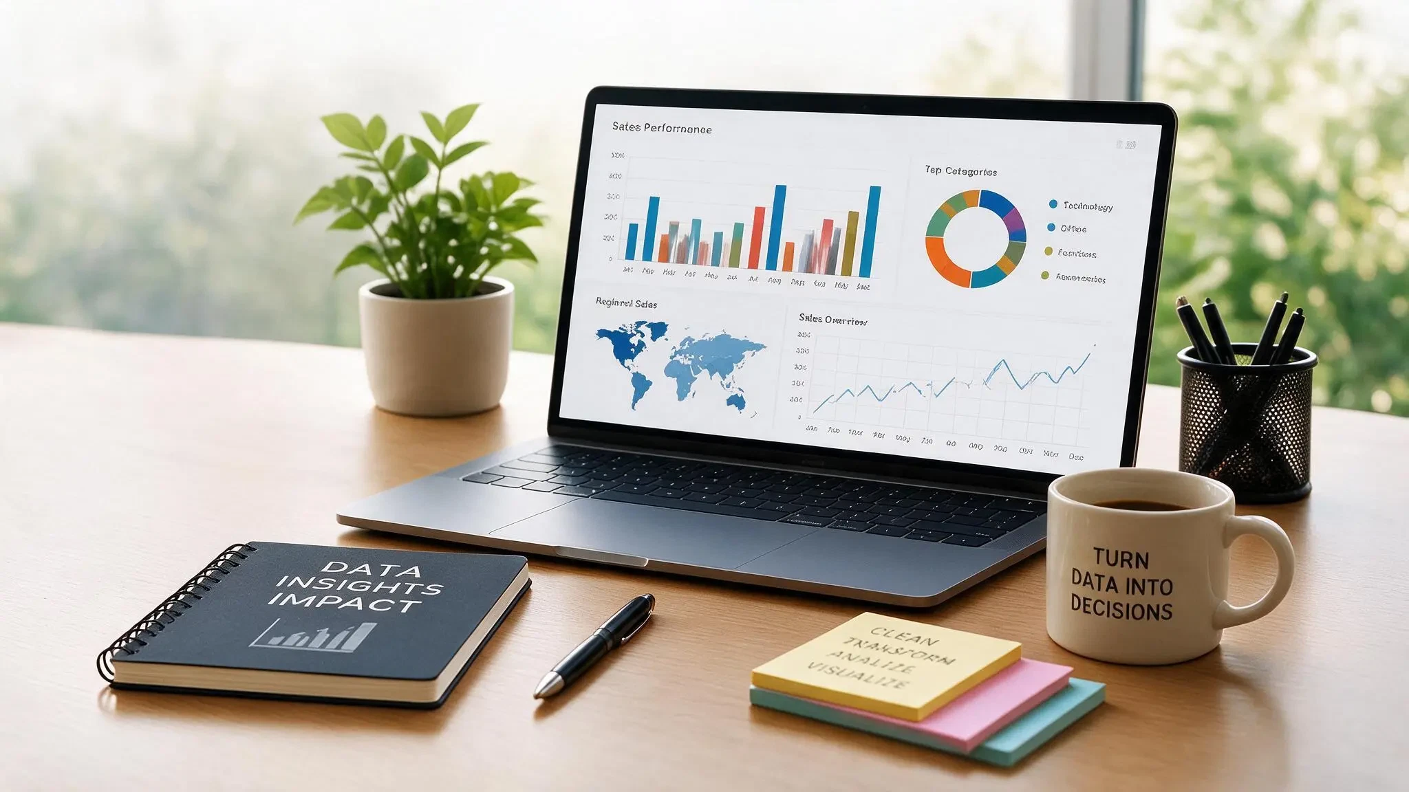 Data analytics dashboards with charts and reports on a laptop